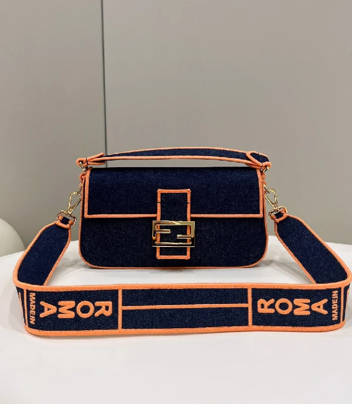 Large capacity travel bagsFendi Baguette Blue Denim Orange Border Bag