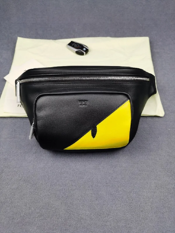 Affordable leather bagsFendi Little Monster Belt Bag Black/Yellow For Men, Men’s Bag 7.9in/20cm FF