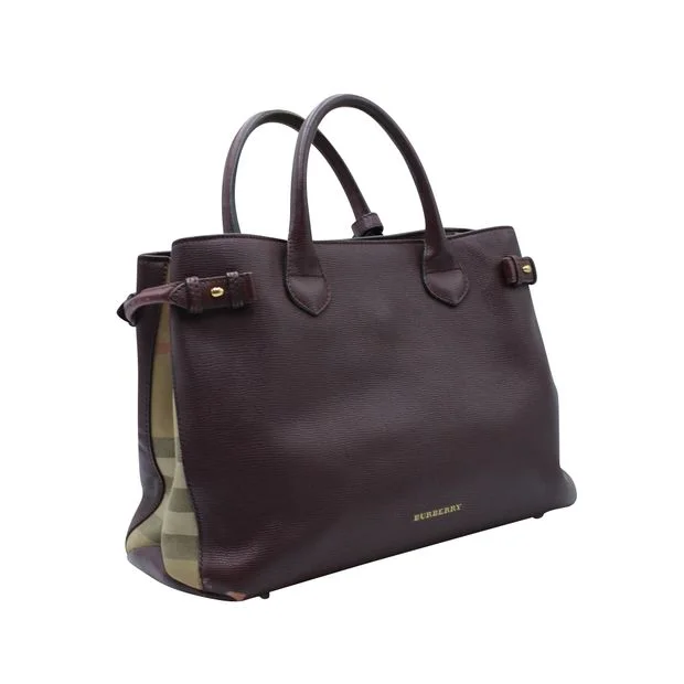 Best tote bags for workBurberry Dark Purple Grained Leather Tote - Checked Pattern On Sides