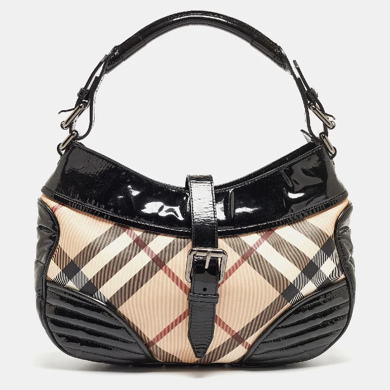 High-quality leather messenger bagsBURBERRY Black/Beige Nova Check PVC and Patent Leather Hobo