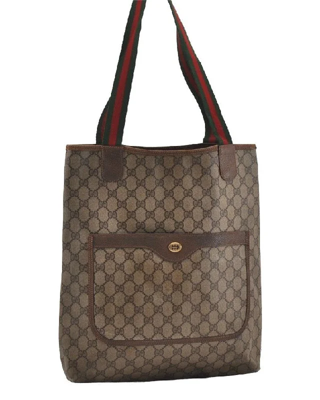 Designer bags with top handlesAuthentic GUCCI Web Sherry Line Shoulder Tote Bag GG PVC Leather Brown 1581I