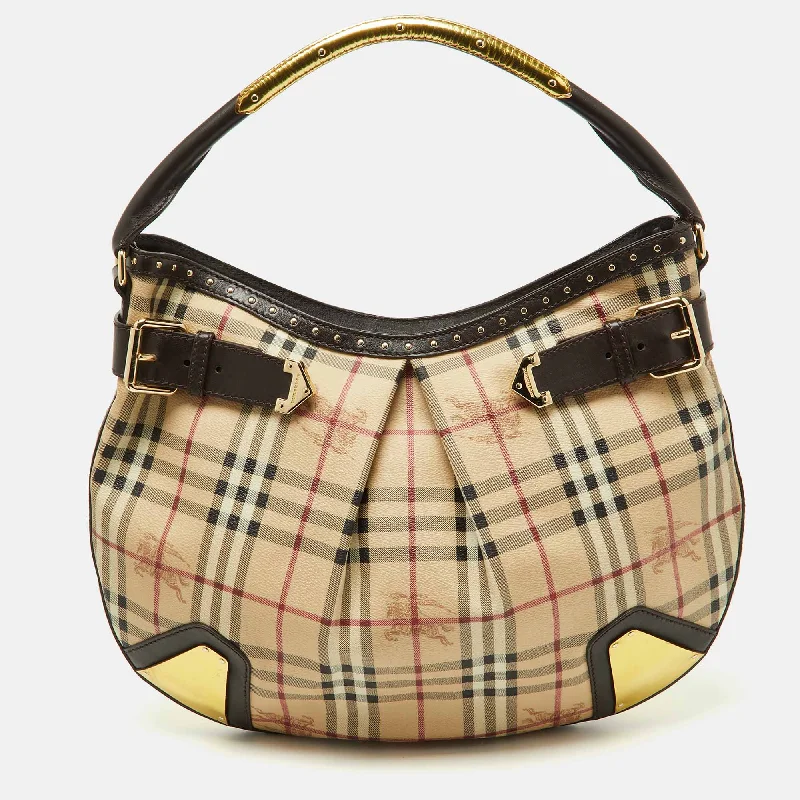 Sustainable fashion bagsBURBERRY Dark Brown/Beige House Check PVC and Leather Studded Hartley Hobo