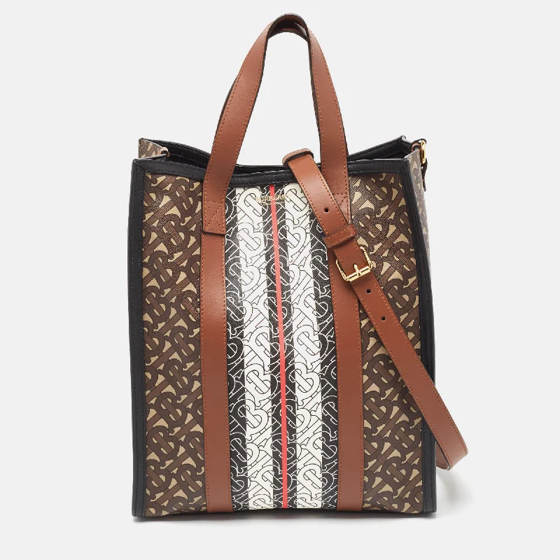 Designer bags with detachable strapsBURBERRY Black/Brown TB Monogram Coated Canvas and Leather Stripe Portrait Tote