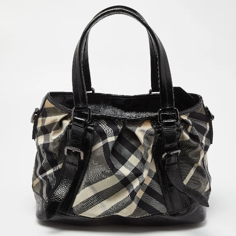 Luxury bags with exotic skinsBURBERRY Black/Grey Beat Check Canvas and Patent Leather Lowry Tote