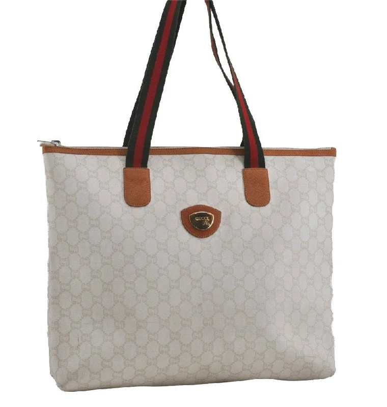 Affordable leather bagsAuthentic GUCCI Web Sherry Line GG Plus Tote Bag PVC Leather White 2134I