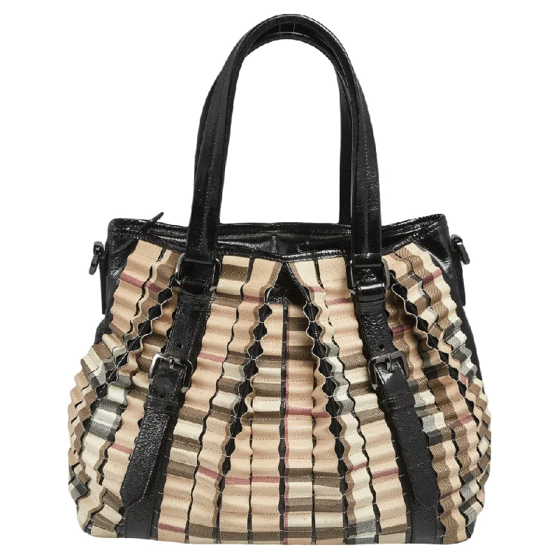 Luxury bags with chain strapsBurberry Black/Beige House Check PVC and Patent Leather Lowry Ruffled Tote