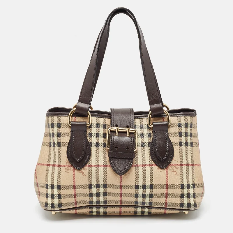 Large capacity travel bagsBURBERRY Brown/Beige Haymarket Coated Canvas and Leather Eden Tote