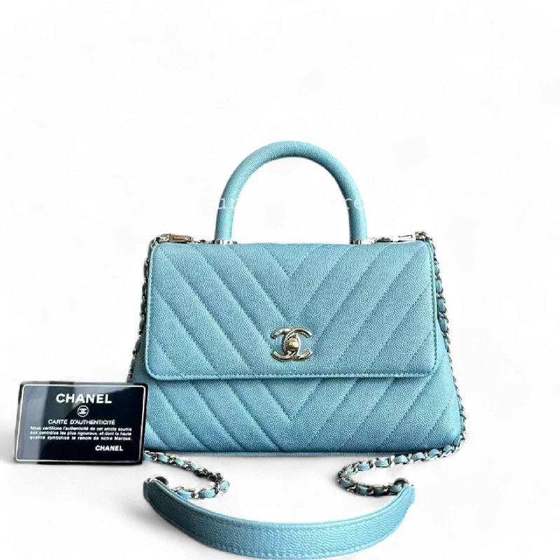 Affordable luxury bags Chanel Coco Handle - Caviar Small Chevron Blue Light Gold Hardware Series 29