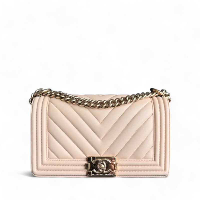 Elegant clutch bags for weddingsChanel Boy Medium - 25CM Chevron Calfskin Beige Gold Hardware Series 23