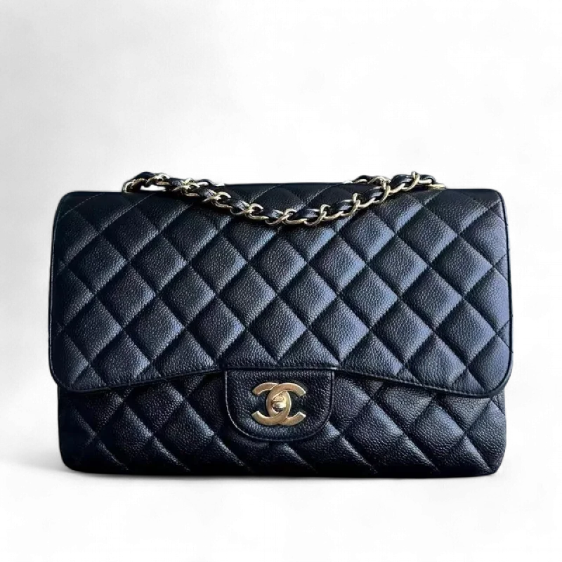 Designer bags with gold hardwareChanel Classic Caviar Jumbo Classic Flap Quilted Grained Calfskin Black Golden Hardware Series 12