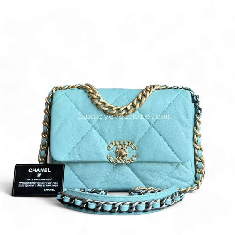 Trendy transparent PVC bagsChanel Small 19 Bag C19 Quilted Goatskin Tiffany Blue Two Tone Golden Hardware Sereis 29