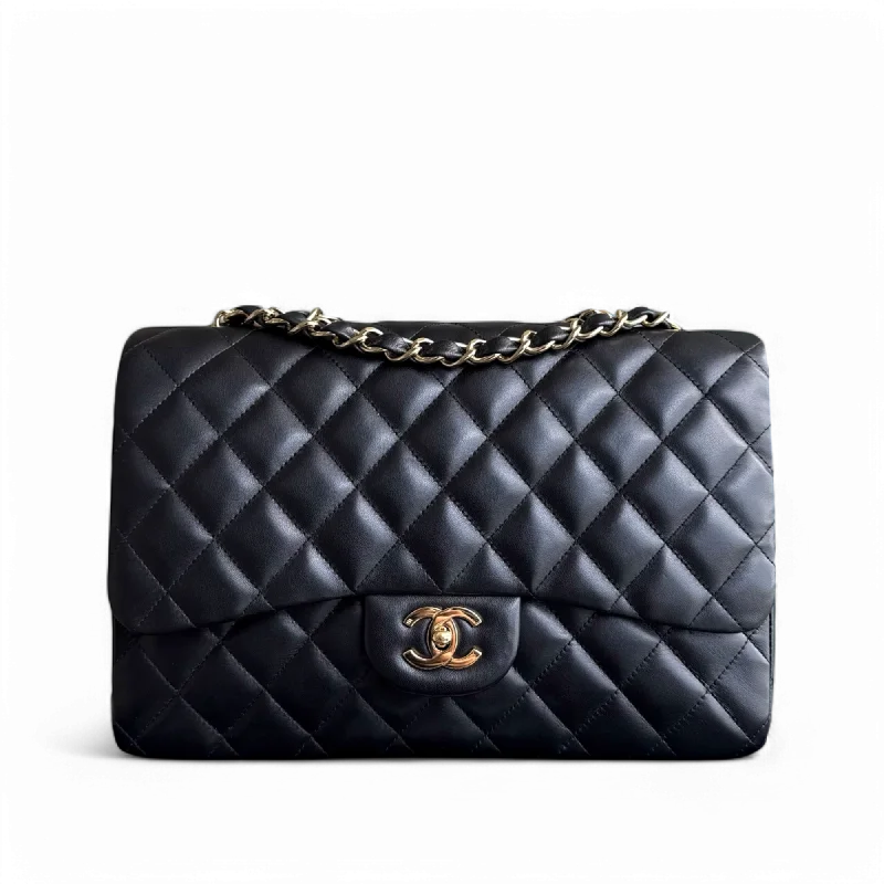 Vintage-inspired handbagsChanel Classic Flap Jumbo - 30CM Single Flap Quilted Lambskin Black Gold Hardware Series 11