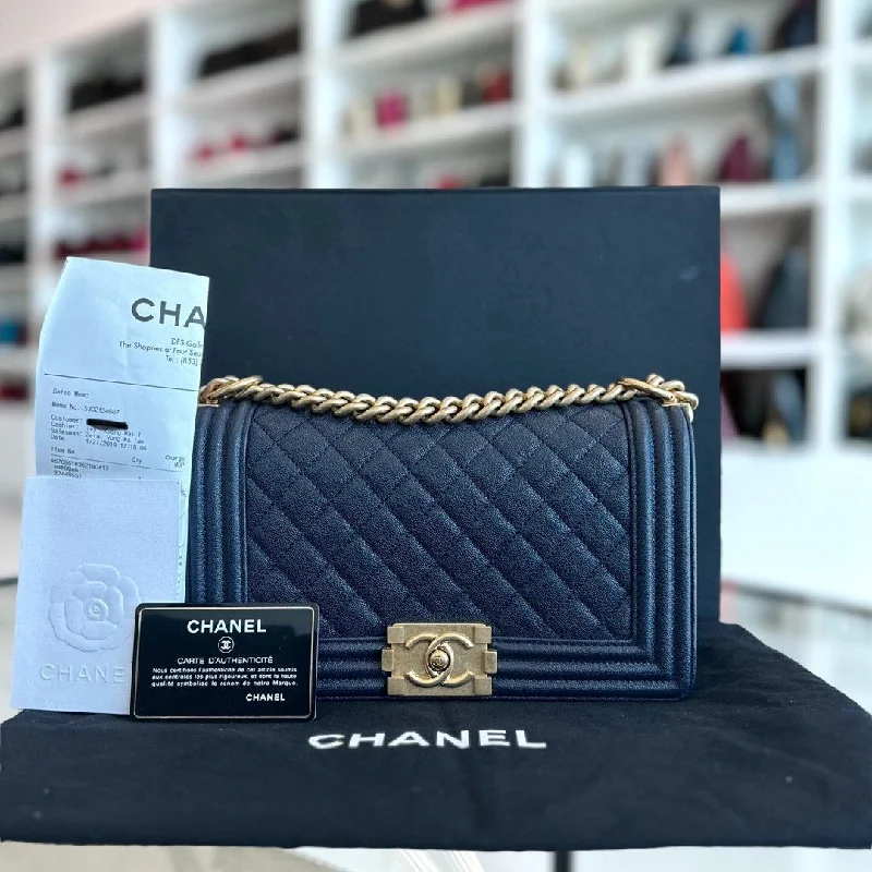 Affordable luxury bags *Receipt, Full Set, Like New, 2019* Chanel Boy Caviar Old Medium 25CM Quilted Leboy Dark Blue GHW No 27