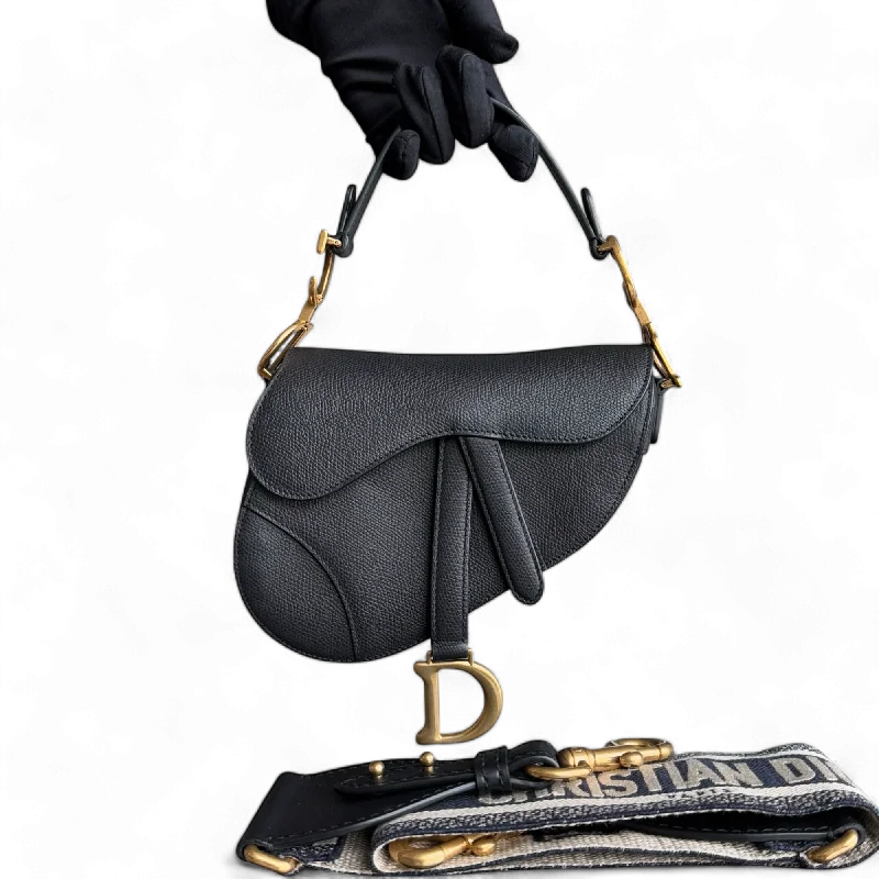 Affordable leather bagsDior Saddle Mini With Strap - 21CM Grained Calfskin Black Gold Hardware