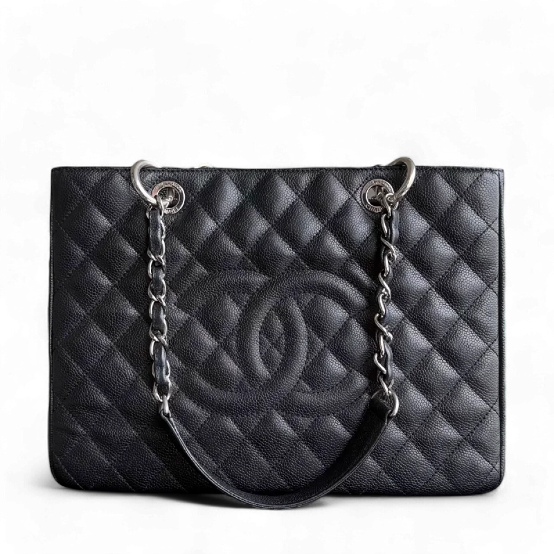 Designer bags with top handlesChanel GST Grand Shopping Tote - Caivar Quilted Black Silver Hardware