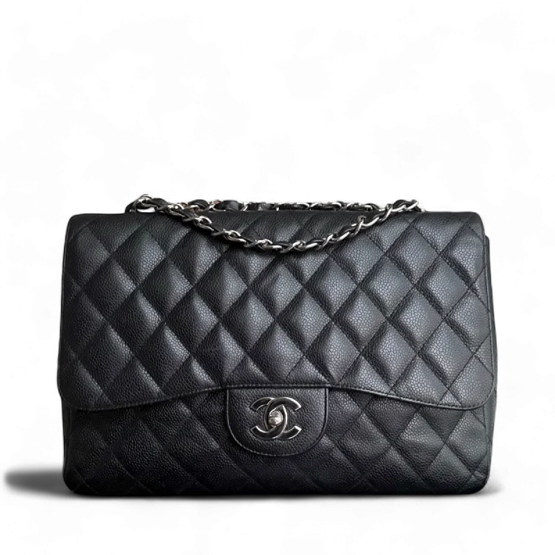 Vintage-inspired handbagsChanel Classic Flap Jumbo - Caviar 30CM Quilted Black Silver Hardware Series 12