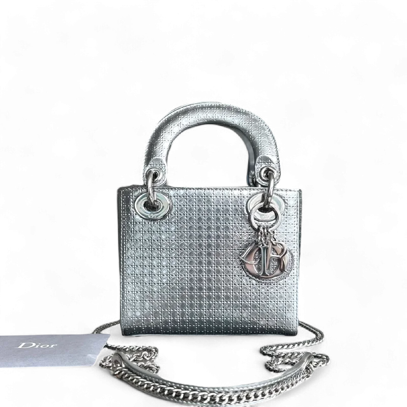 Waterproof backpack for hiking*Chain Strap* Dior Lady Mini - Metallic Micro-Cannage Silver Limited Edition SHW