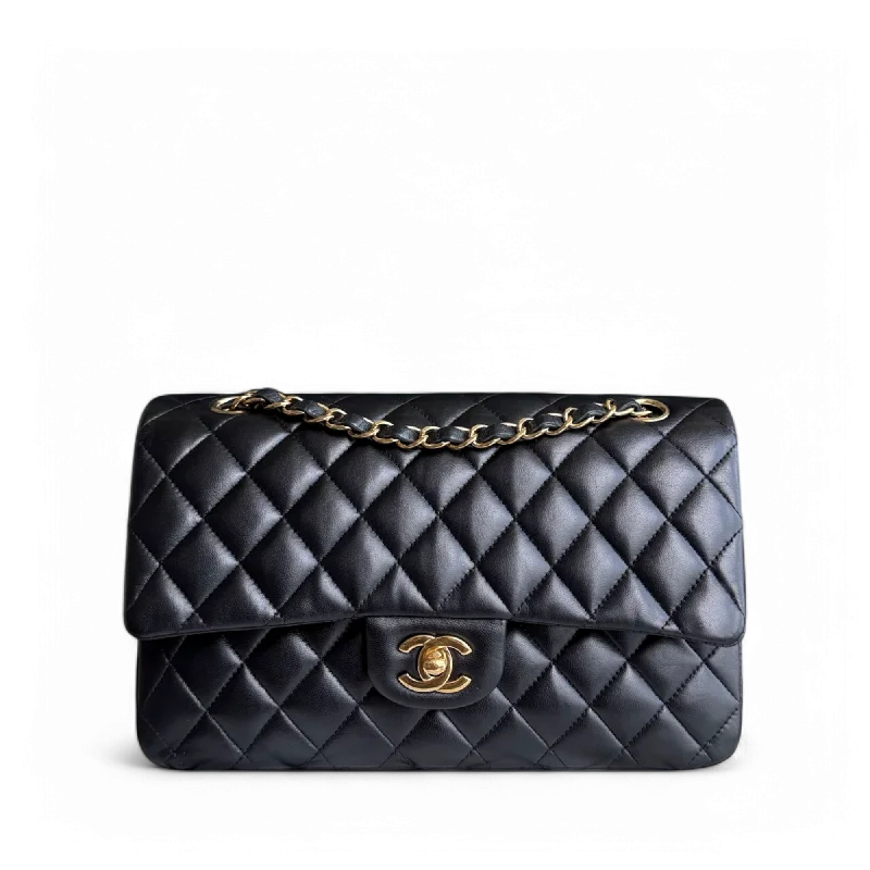 Vegan leather handbagsChanel Classic Flap Medium - 25CM Quilted Lambskin Black Gold Hardware Series 27