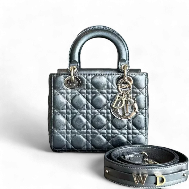 Vintage-inspired handbags*ABC Strap* Dior Lady Small MyABC Cannage Calfskin Metallic Gunmetal Grey Golden Hardware