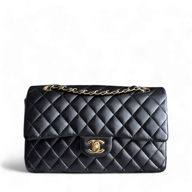 Designer bags with detachable strapsChanel Classic Flap Medium - 25CM Quilted Lambskin Black Gold Hardware Series 23