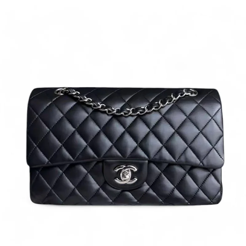 Sustainable fashion bagsChanel Classic Flap Medium - 25CM Double Flap Quilted Lambskin Black Silver Hardware Series 19