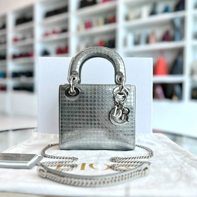 Trendy bucket bags for summer*Chain Strap* Lady Mini Metallic Silver Micro-Cannage SHW