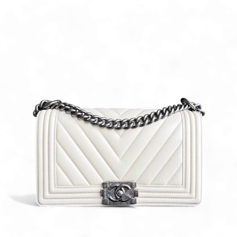 Designer bags with gold hardwareChanel Boy Medium - 25CM Chevron Calfskin Cream White Ruthenium Silver Hardware Series 20