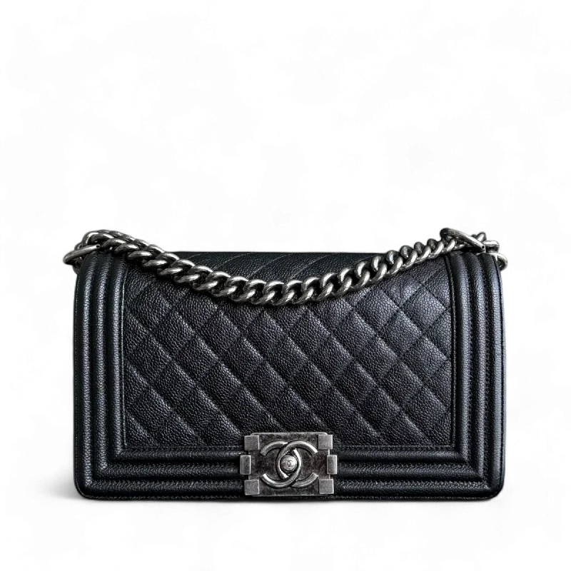 Durable leather bags for daily useChanel Boy Medium - Caviar 25CM Quilted Black Ruthenium Silver Hardware Series 23