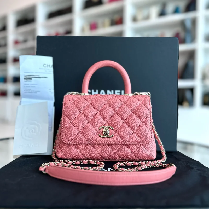 Minimalist leather handbags*Microchip, Full Set, Receipt* Mini Caviar Coco Handle Quilted Light Pink GHW