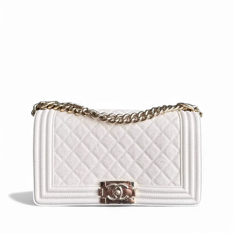 Luxury bags with chain strapsChanel Boy Medium - Caivar 25CM Quilted Cream White Shiny Gold Hardware Series 28