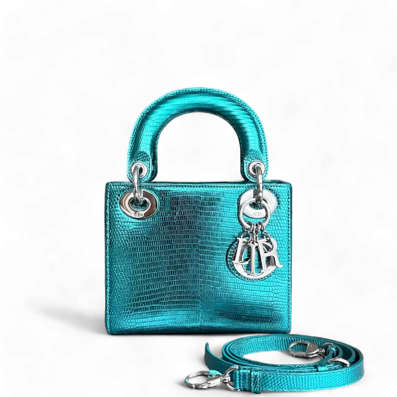 High-end designer bags for menDior Lady Mini - Exotic Lizard Skin Metallic Blue Green Silver Hardware Leather Strap