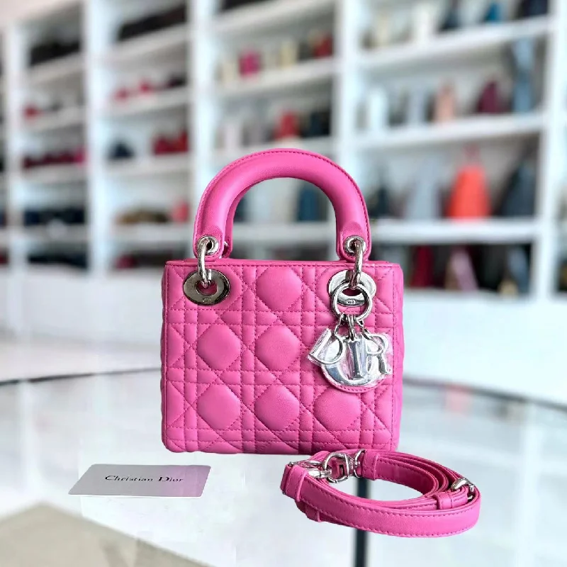 Minimalist leather handbags*Adjustable Strap* Lady Mini Cannage Lambskin Barbie Pink Silver Hardware