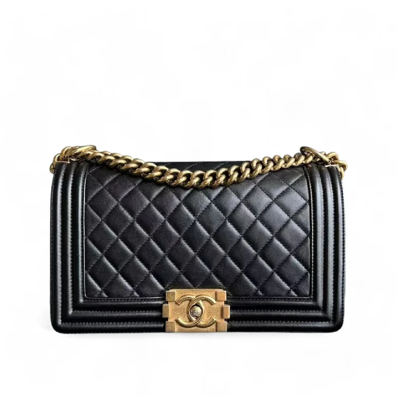 Crossbody bags for everyday useChanel Boy Medium - Lambskin 25CM Quilted Black Gold Hardware Series 19