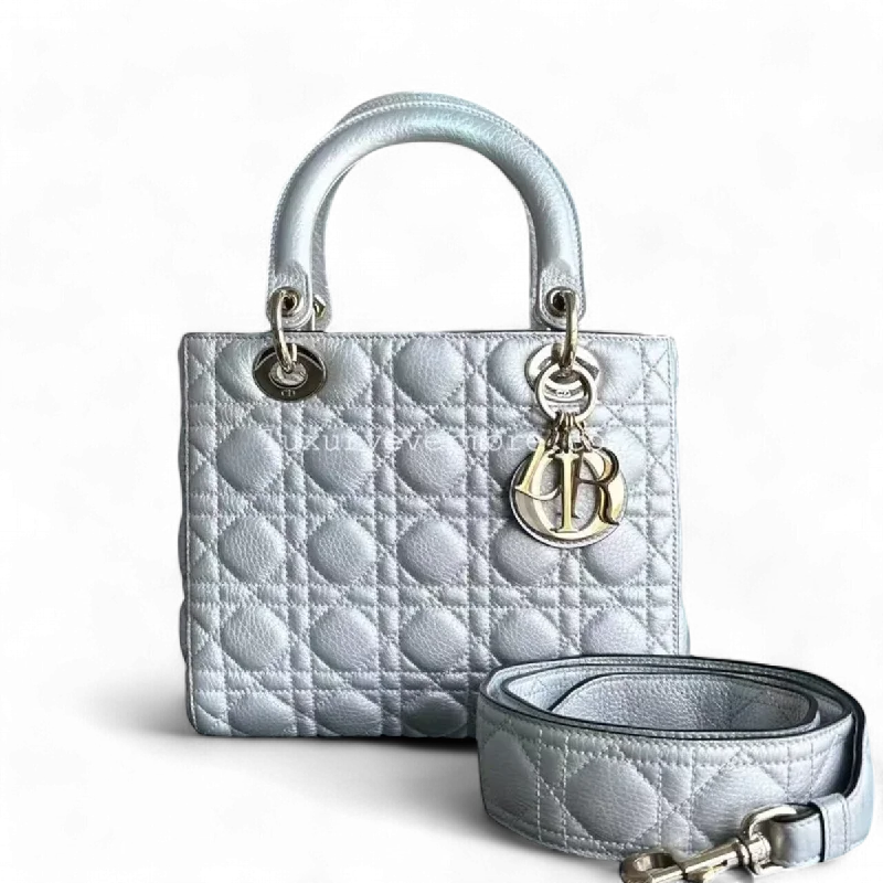 Best bags for weekend getaways*Flap Open* Dior Lady Medium - Grained Calfskin Metallic Silver Golden Hardware