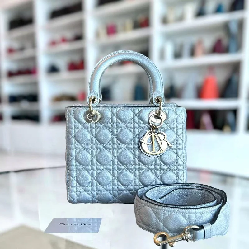 Luxury handbags 2025*Flap Version* Lady Medium Cannage Metallic Aged Calfskin Silver Golden Hardware