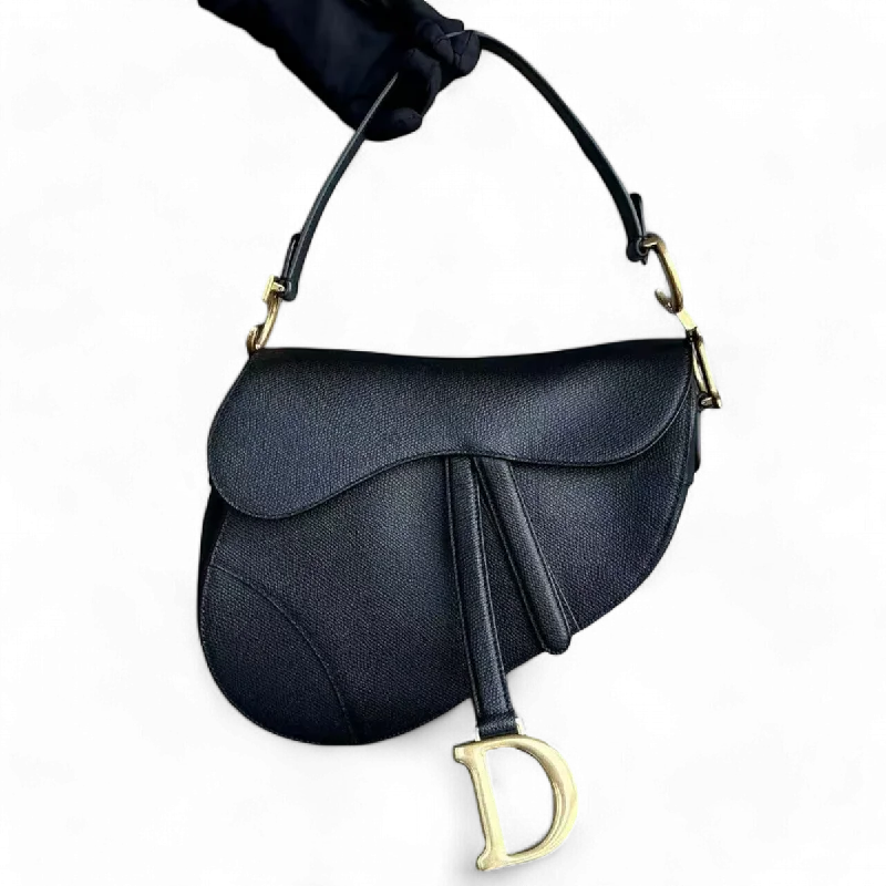 High-end designer bags for menDior Saddle Medium - 25CM Grained Calfskin Black Golden Hardware