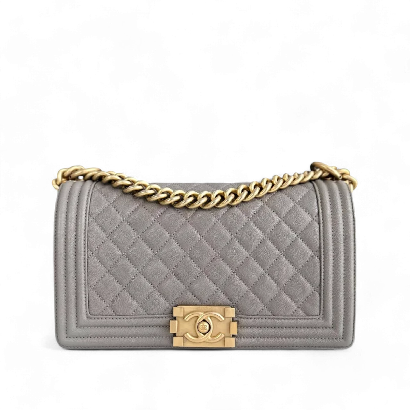 Luxury handbags 2025Chanel Boy Medium - Caviar 25CM Quilted Light Grey Gray Gold Hardware Series 26