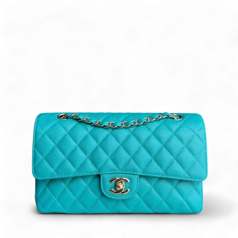 Sustainable fashion bagsChanel Classic Flap Medium - Caviar 25CM Quilted Cyan Blue Gold Hardware Series 23