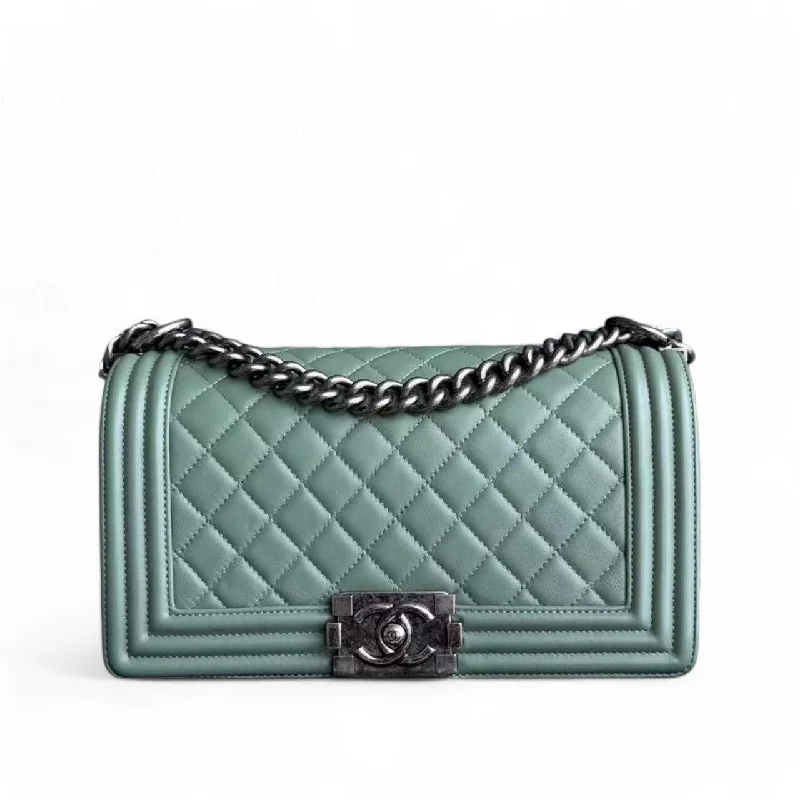 Affordable leather bagsDeposit of Chanel Boy Medium - 25CM Quilted Lambskin Green Ruthenium Silver Hardware Series 23