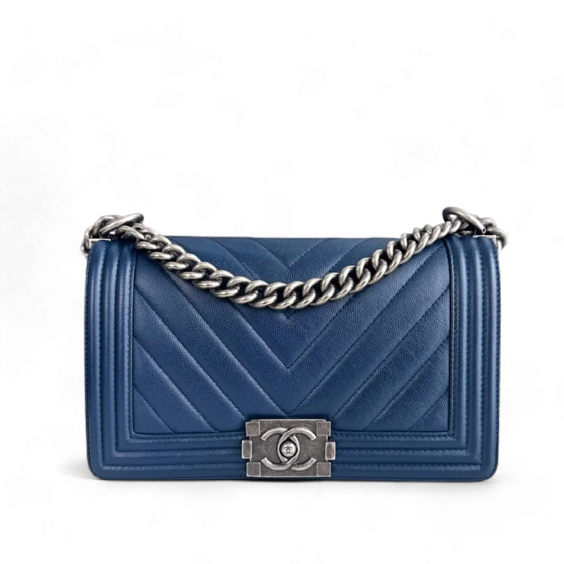 Designer bags for womenChanel Boy Medium - Caviar Chevron Dark Blue Ruthenium Silver Hardware Series 24