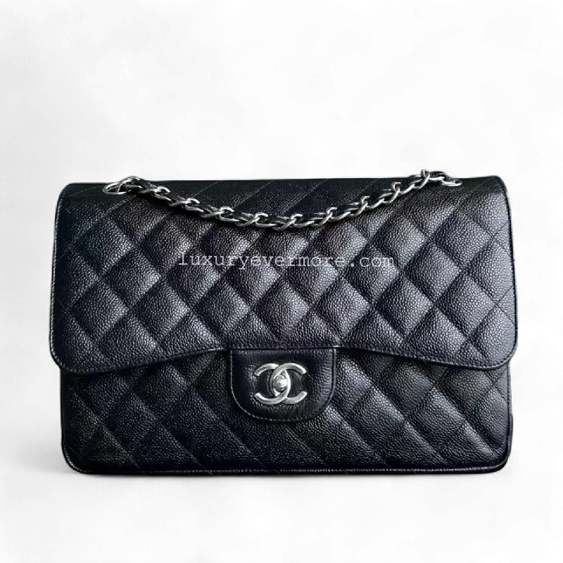 Trendy bucket bags for summerChanel Classic Flap Jumbo - Caviar Double Flap Quiltd Black Silver Hardware