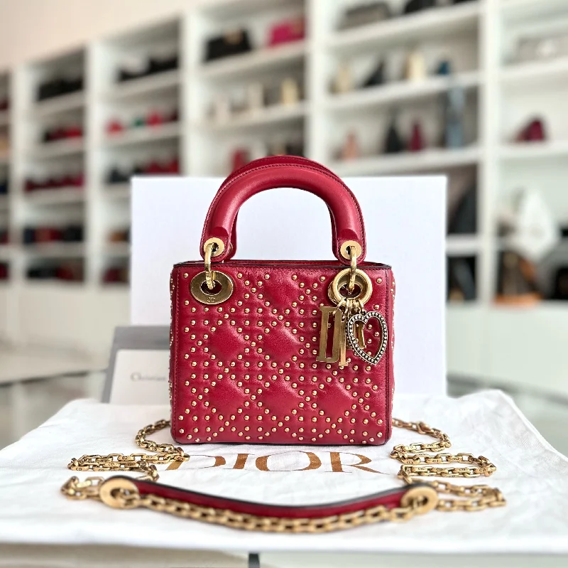 Luxury bags with exotic skinsLady Mini Lambskin Studded Chain Strap Red GHW