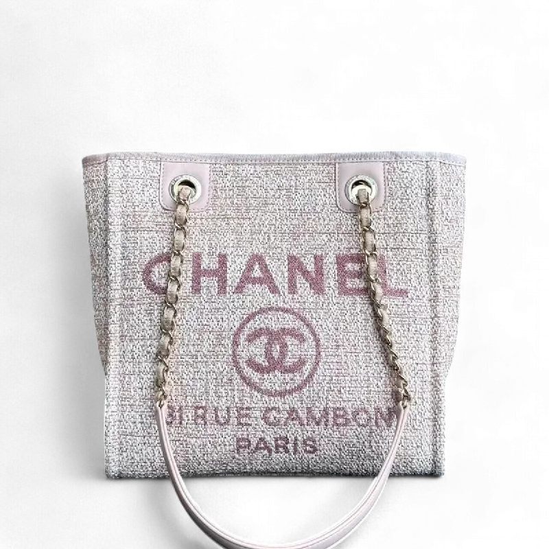 Luxury brand bags on saleChanel Deauville Tote Mini - Pink Fabric with Gold Lettering