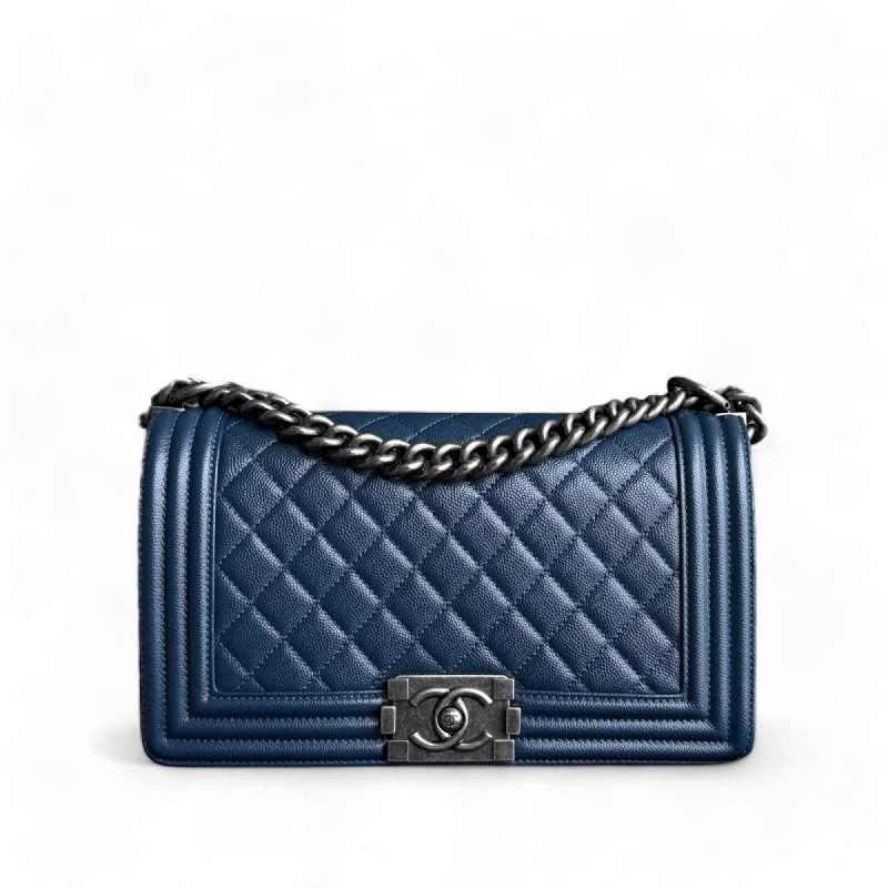 Minimalist leather handbagsChanel Boy Medium - Caviar 25CM Quilted Dark Navy Blue Ruthenium Silver Hardware Series 25