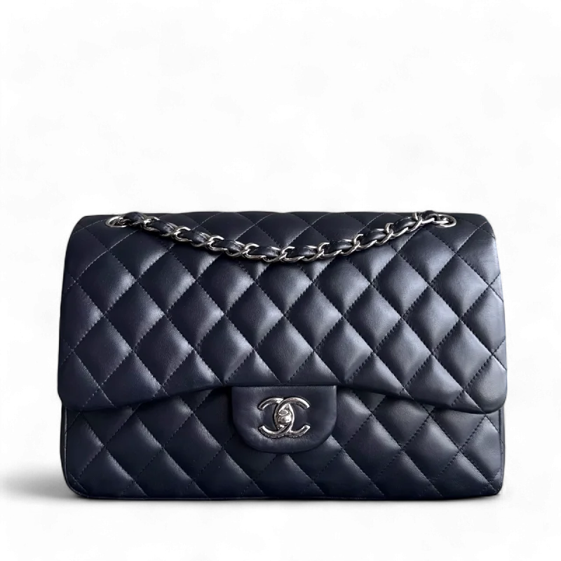 Vegan leather handbagsChanel Classic Flap Jumbo - Double Flap Lambskin 30CM Quilted Dark Navy Blue Silver Hardware Series 16