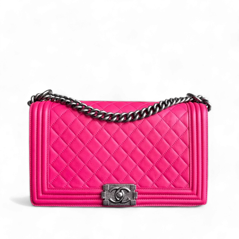 Trendy bucket bags for summerChanel Boy Medium - 28CM Quilted Lambskin Hot Pink Ruthenium Silver Hardware Series 19