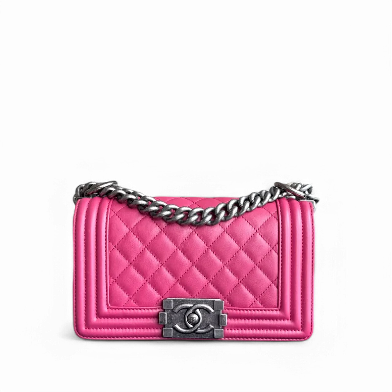 Elegant clutch bags for weddingsChanel Boy Small - 20CM Quilted Calfskin Hot Pink Ruthenium Silver Hardware Series 26