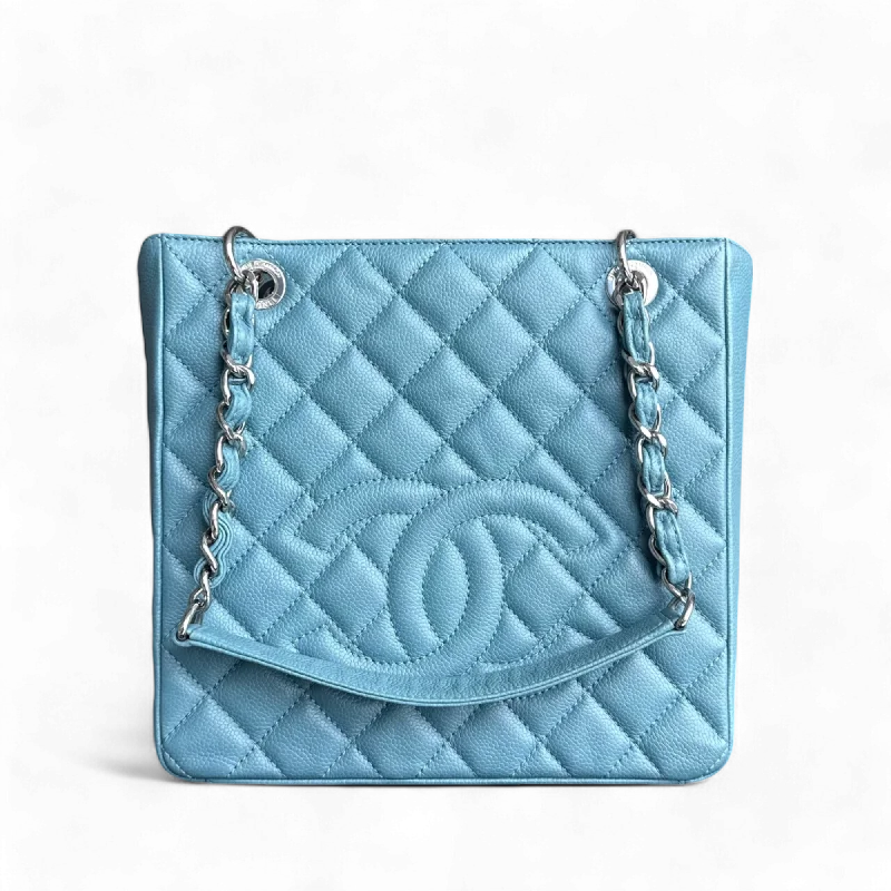 Luxury handbags 2025Chanel PST Petite Shopping Tote - Quilted Caviar Light Blue Silver Hardware Series 14