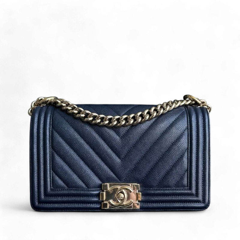 Best-selling designer bags 2025Chanel Boy Medium - Caviar 25CM Chevron Dark Navy Blue Gold Hardware Series 24