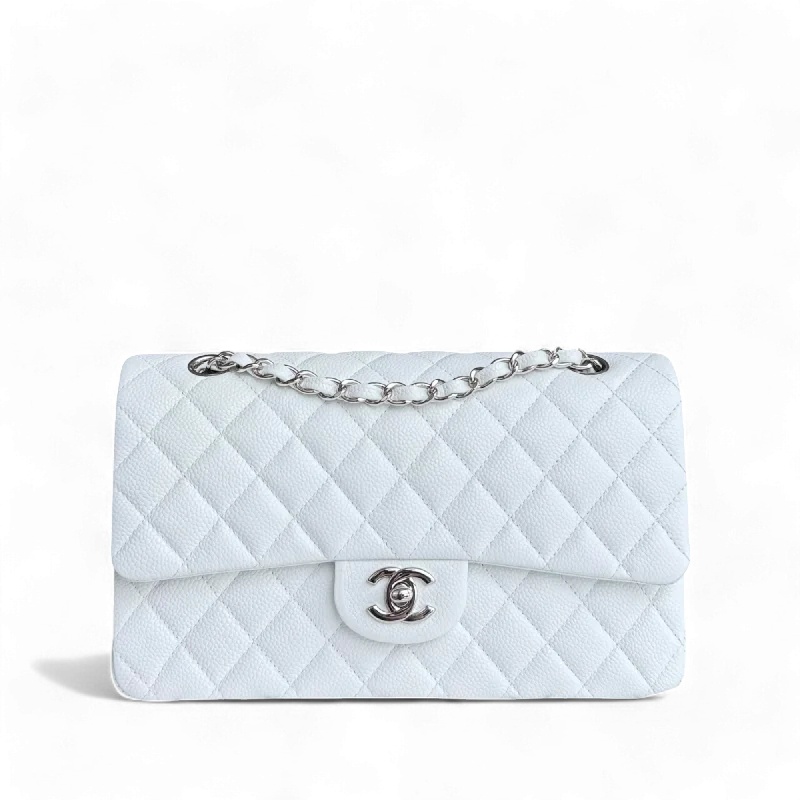 High-end designer bags for menChanel Classic Flap Medium - Caviar 25CM Quilted Snow White Silver Hardware Series 19